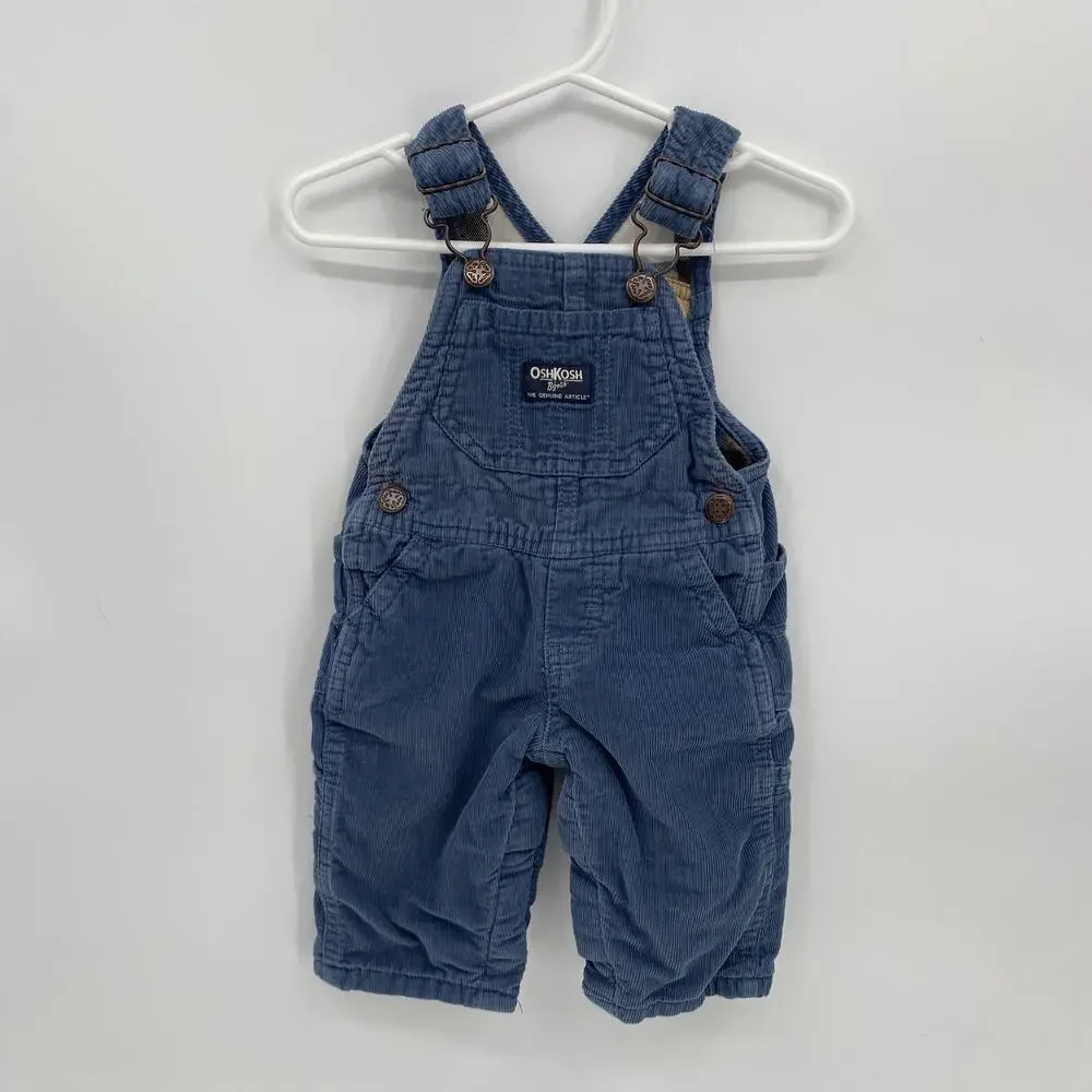 Oshkosh B'gosh Blue Corduroy Overalls Baby Flannel Lined Bibs 6 Months